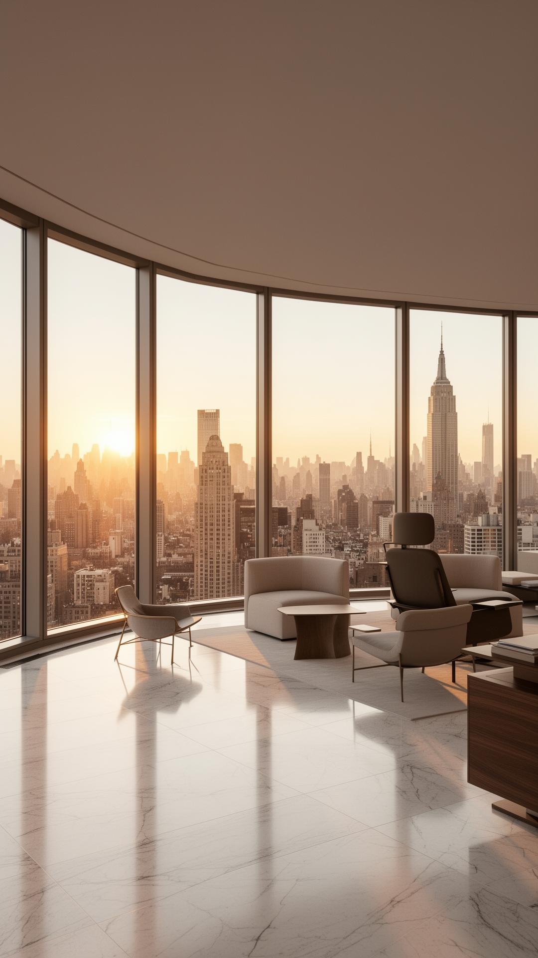 Pristine luxury New York office overlooking the NYC skyline at golden hour